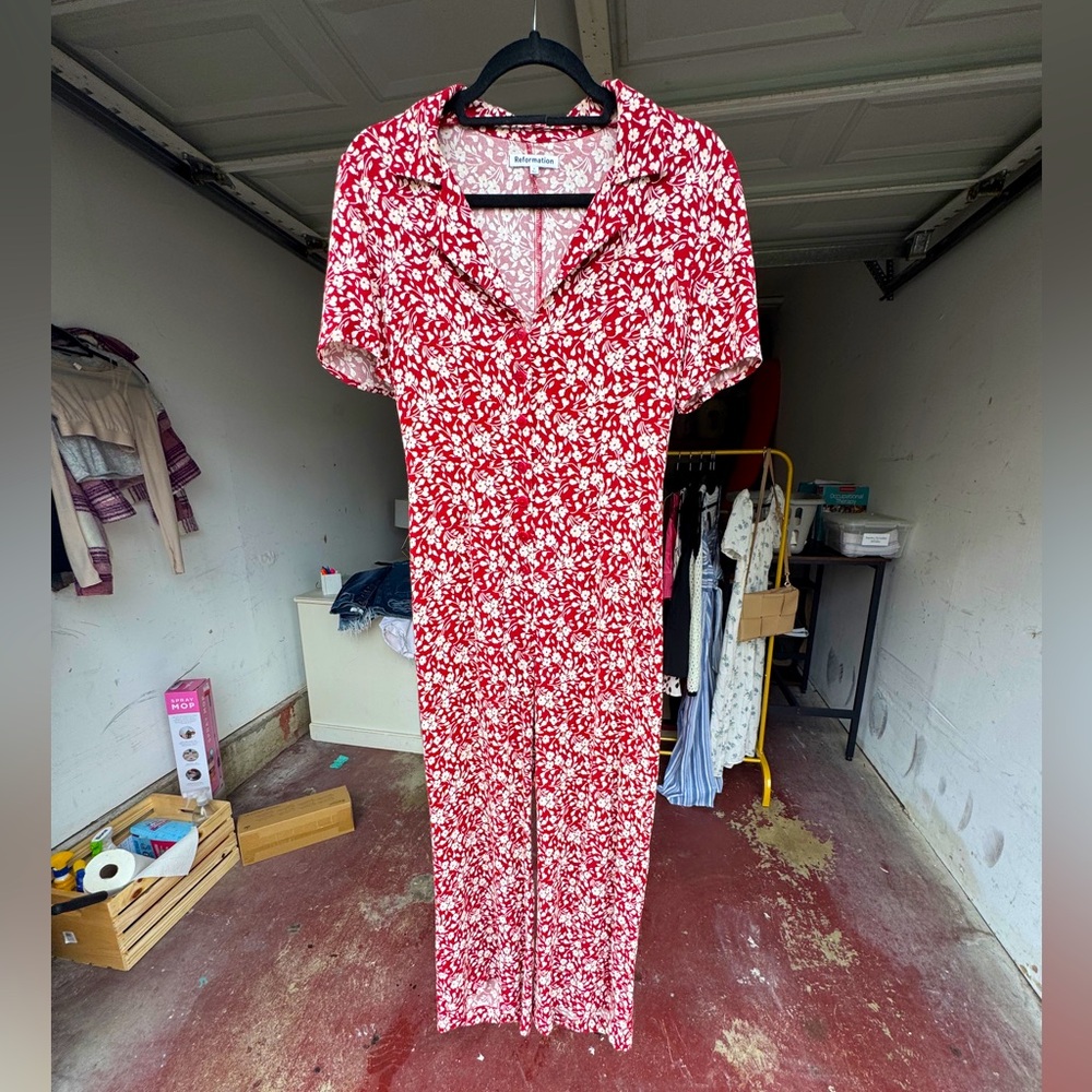 Reformation Red and White Floral Jumpsuit